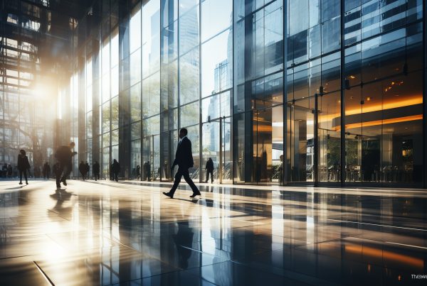 People walking through office building